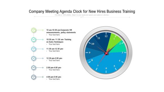 Company Meeting Agenda Clock For New Hires Business Training Ppt PowerPoint Presentation Gallery Templates PDF