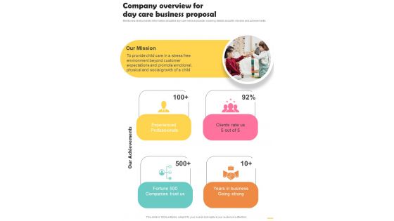 Company Overview For Day Care Business Proposal One Pager Sample Example Document Company Overview For Day Care Business Proposal One Pager Sample Example Document