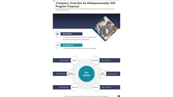 Company Overview For Entrepreneurship Skill Program Proposal One Pager Sample Example Document