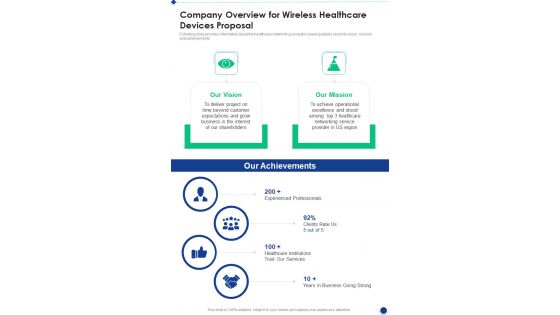 Company Overview For Wireless Healthcare Devices Proposal One Pager Sample Example Document