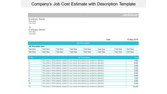 Companys Job Cost Estimate With Description Template Ppt PowerPoint Presentation Portfolio Template