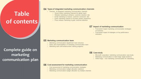 Complete Guide On Marketing Communication Plantable Of Contents Template PDF