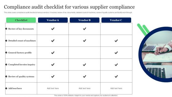 Compliance Audit Checklist For Various Supplier Compliance Ppt Inspiration Maker PDF Compliance Audit Checklist For Various Supplier Compliance Ppt Inspiration Maker PDF