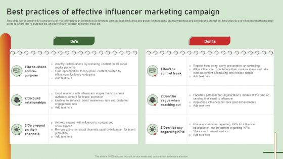 Comprehensive Influencer Promotional Guide To Improve Brand Reputation Best Practices Of Effective Influencer Summary PDF