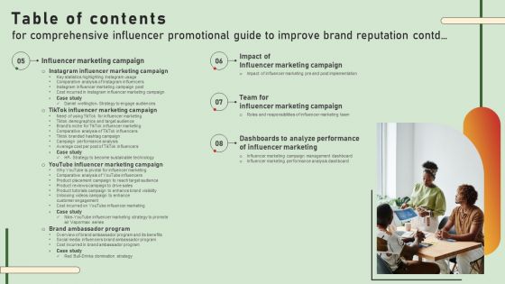 Comprehensive Influencer Promotional Guide To Improve Brand Reputation Table Of Contents For Comprehensive Inspiration PDF