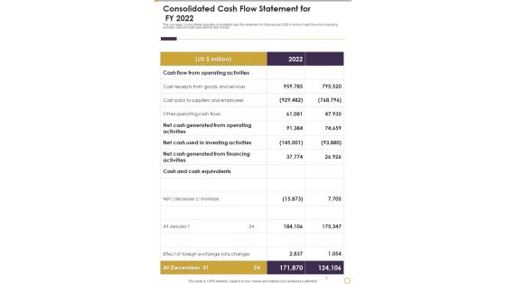 Consolidated Cash Flow Statement For FY 2022 Template 252 One Pager Documents