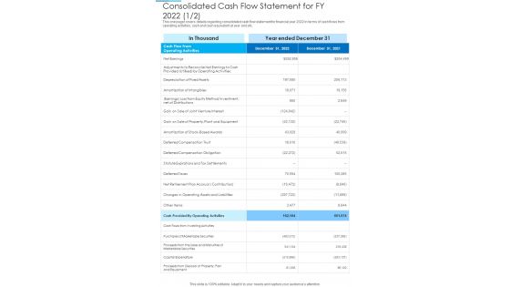 Consolidated Cash Flow Statement For FY 2022 Template 303 One Pager Documents Consolidated Cash Flow Statement For FY 2022 Template 303 One Pager Documents