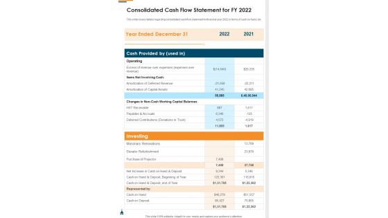 Consolidated Cash Flow Statement For FY 2022 Template 357 One Pager Documents
