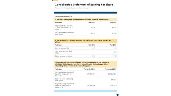 Consolidated Statement Of Earning Per Share Template 182 One Pager Documents