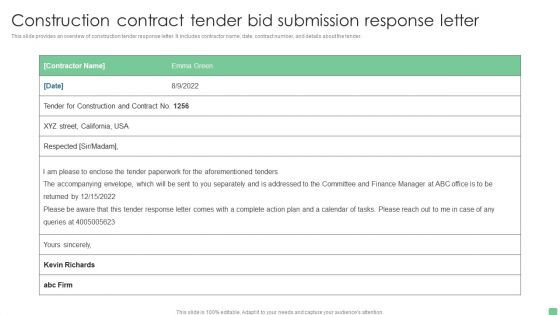 Construction Contract Tender Bid Submission Response Letter Portrait PDF