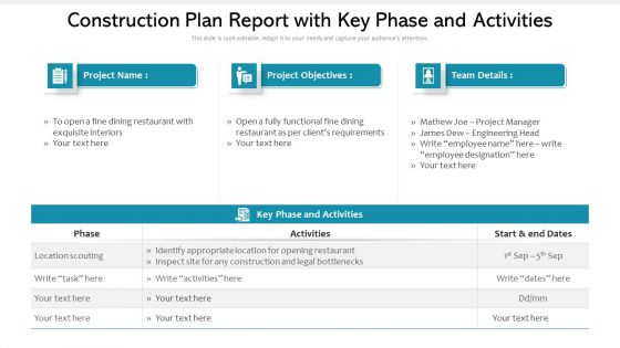 Construction Plan Report With Key Phase And Activities Ppt PowerPoint Presentation Slides Diagrams PDF