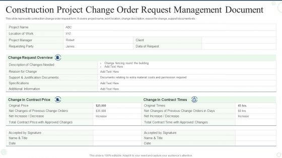 Construction Project Change Order Request Management Document Microsoft PDF