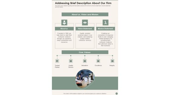 Construction Project Contractual Work Addressing Brief Description About Our Firm Wd One Pager Sample Example Document