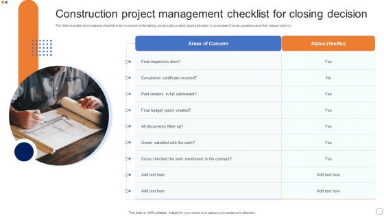 Construction Project Management Checklist For Closing Decision Sample PDF
