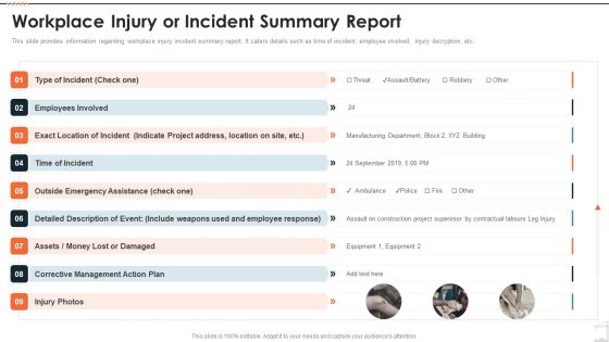 Construction Project Playbook Workplace Injury Or Incident Summary Report Ppt Portfolio Display PDF