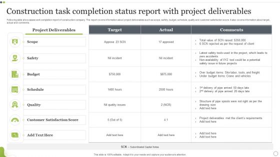 Construction Task Completion Status Report With Project Deliverables Designs PDF Construction Task Completion Status Report With Project Deliverables Designs PDF
