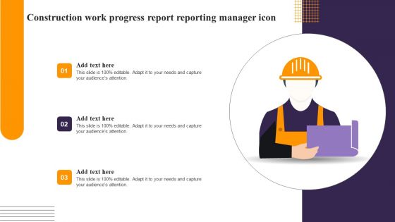 Construction Work Progress Report Reporting Manager Icon Diagrams PDF