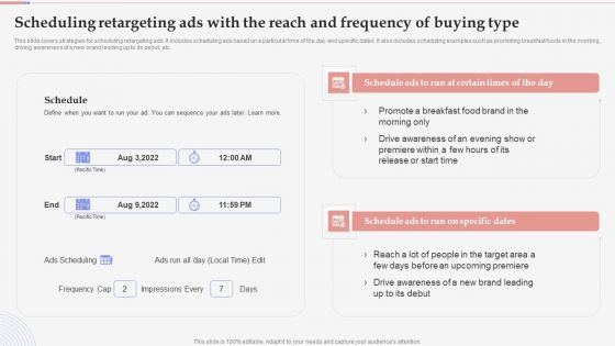 Consumer Retargeting Techniques Scheduling Retargeting Ads With The Reach And Frequency Of Buying Type Infographics PDF