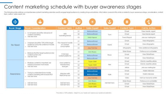 Content Marketing Schedule With Buyer Awareness Stages Elements PDF