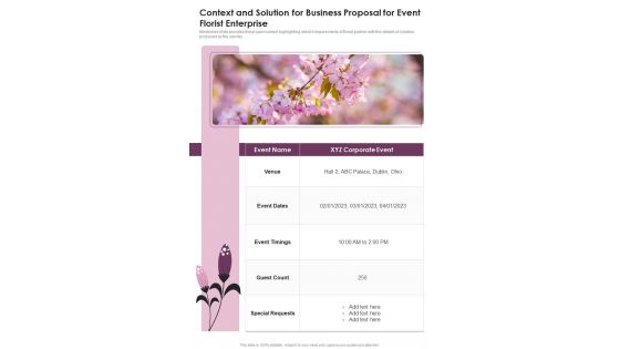 Context And Solution For Business Proposal For Event Florist Enterprise One Pager Sample Example Document