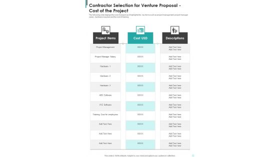 Contractor Selection For Venture Proposal Cost Of The Project One Pager Sample Example Document