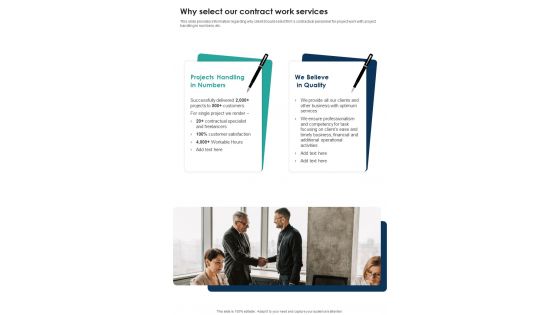 Contractual Services Why Select Our Contract Work Services One Pager Sample Example Document