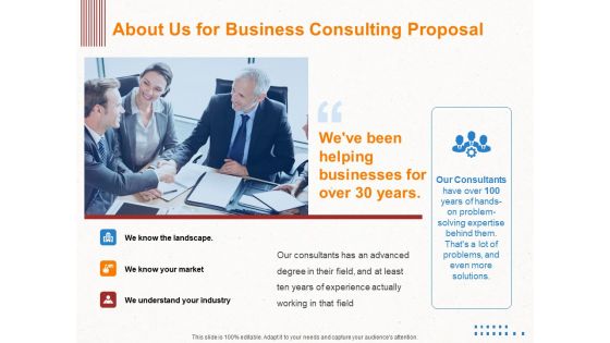 Corporate Consulting About Us For Business Consulting Proposal Ppt Infographics Files PDF