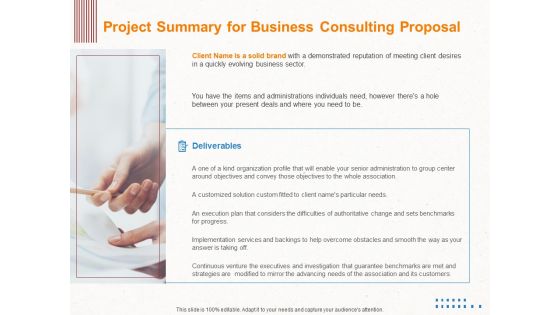 Corporate Consulting Project Summary For Business Consulting Proposal Ppt Outline Objects PDF