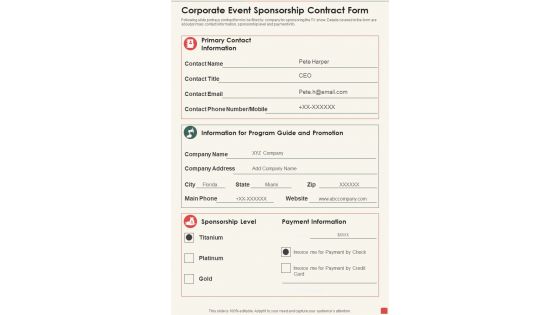 Corporate Event Sponsorship Contract Form One Pager Sample Example Document Corporate Event Sponsorship Contract Form One Pager Sample Example Document