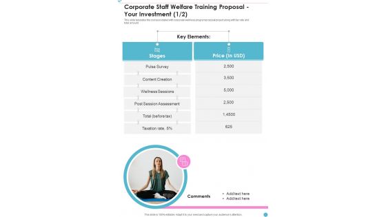Corporate Staff Welfare Training Proposal Your Investment One Pager Sample Example Document