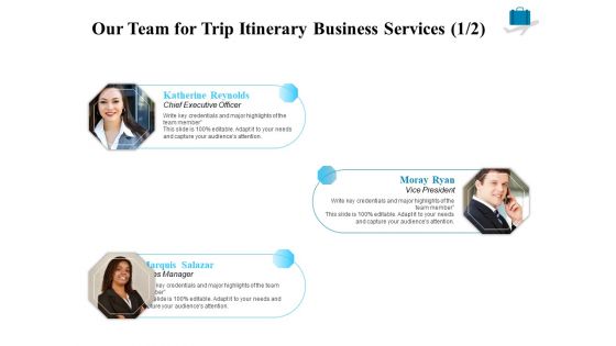 Corporate Travel Itinerary Our Team For Trip Itinerary Business Services Ppt Inspiration Files PDF