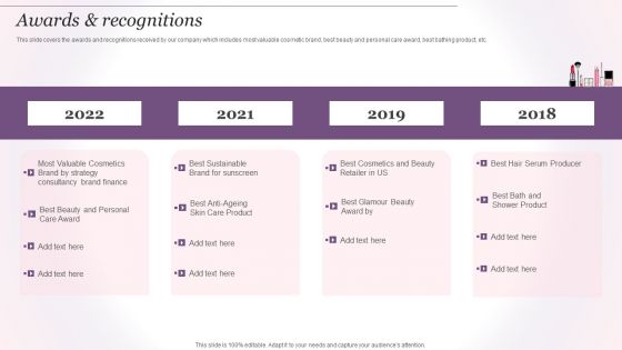 Cosmetics And Skin Care Company Profile Awards And Recognitions Sample PDF