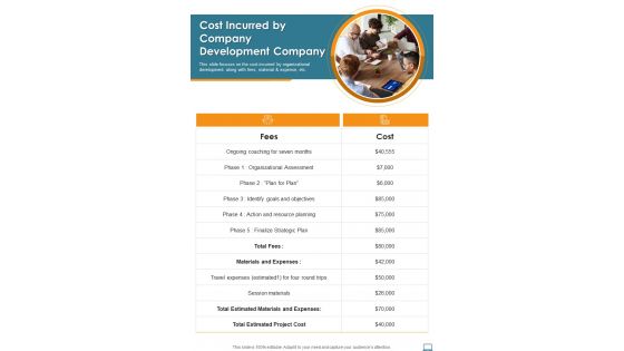 Cost Incurred By Company Development Company One Pager Sample Example Document