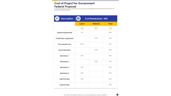 Cost Of Project For Government Federal Proposal One Pager Sample Example Document