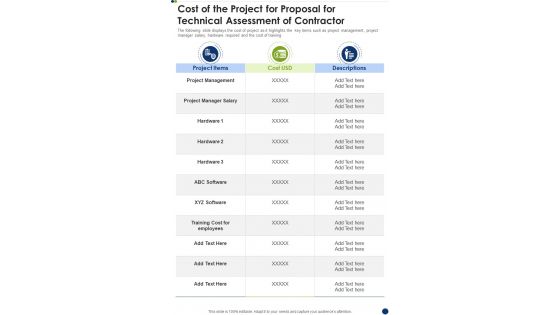 Cost Of The Project For Proposal For Technical Assessment Of Contractor One Pager Sample Example Document