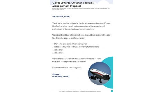 Cover Letter For Aviation Services Management Proposal One Pager Sample Example Document