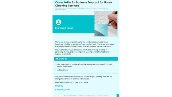 Cover Letter For Business Proposal For House Cleaning Services One Pager Sample Example Document