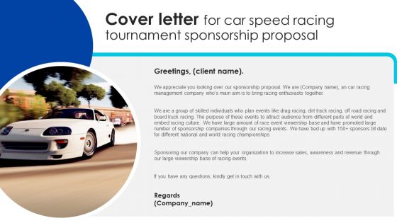 Cover Letter For Car Speed Racing Tournament Sponsorship Proposal Topics PDF