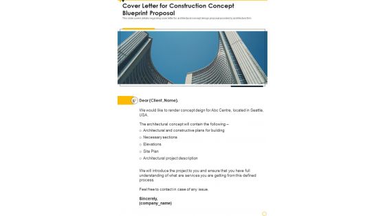 Cover Letter For Construction Concept Blueprint Proposal One Pager Sample Example Document