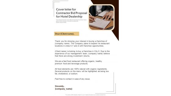 Cover Letter For Contractor Bid Proposal For Hotel Dealership One Pager Sample Example Document