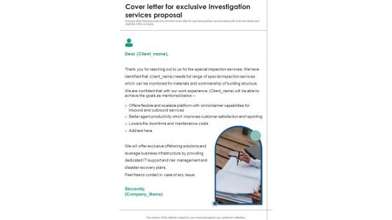 Cover Letter For Exclusive Investigation Services Proposal One Pager Sample Example Document