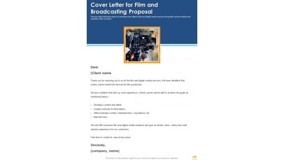 Cover Letter For Film And Broadcasting Proposal One Pager Sample Example Document