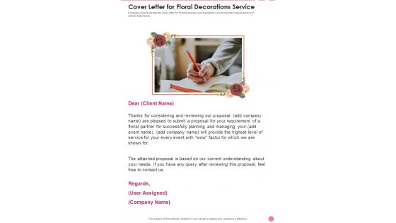Cover Letter For Floral Decorations Service One Pager Sample Example Document