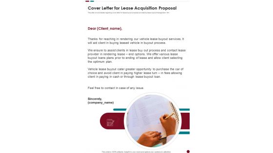 Cover Letter For Lease Acquisition Proposal One Pager Sample Example Document