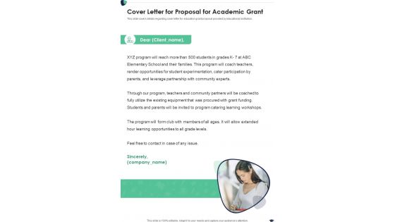 Cover Letter For Proposal For Academic Grant One Pager Sample Example Document