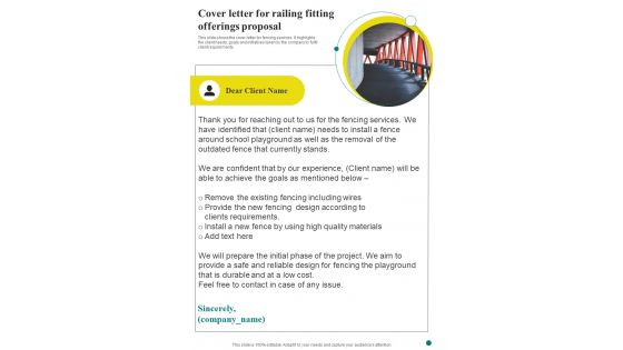 Cover Letter For Railing Fitting Offerings Proposal One Pager Sample Example Document