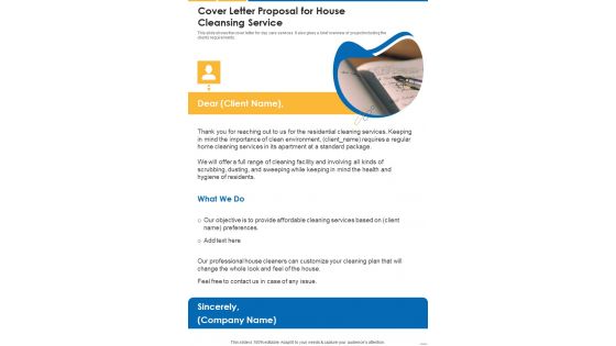 Cover Letter Proposal For House Cleansing Service One Pager Sample Example Document