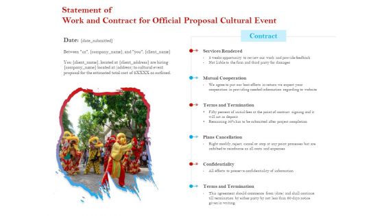 Cultural Event Statement Of Work And Contract For Official Proposal Cultural Event Introduction PDF