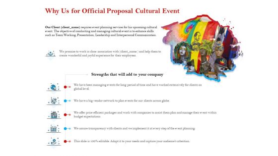 Cultural Event Why Us For Official Proposal Cultural Event Slides PDF