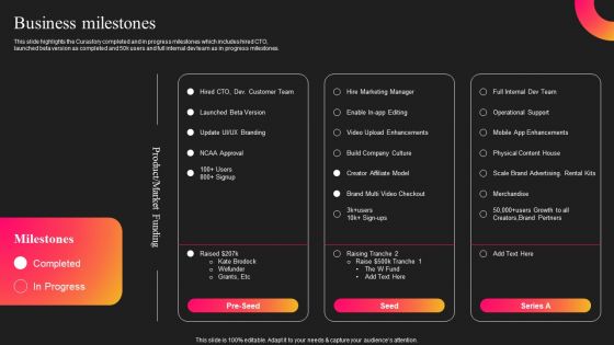 Curastory Editing Platform Pitch Deck Business Milestones Inspiration PDF